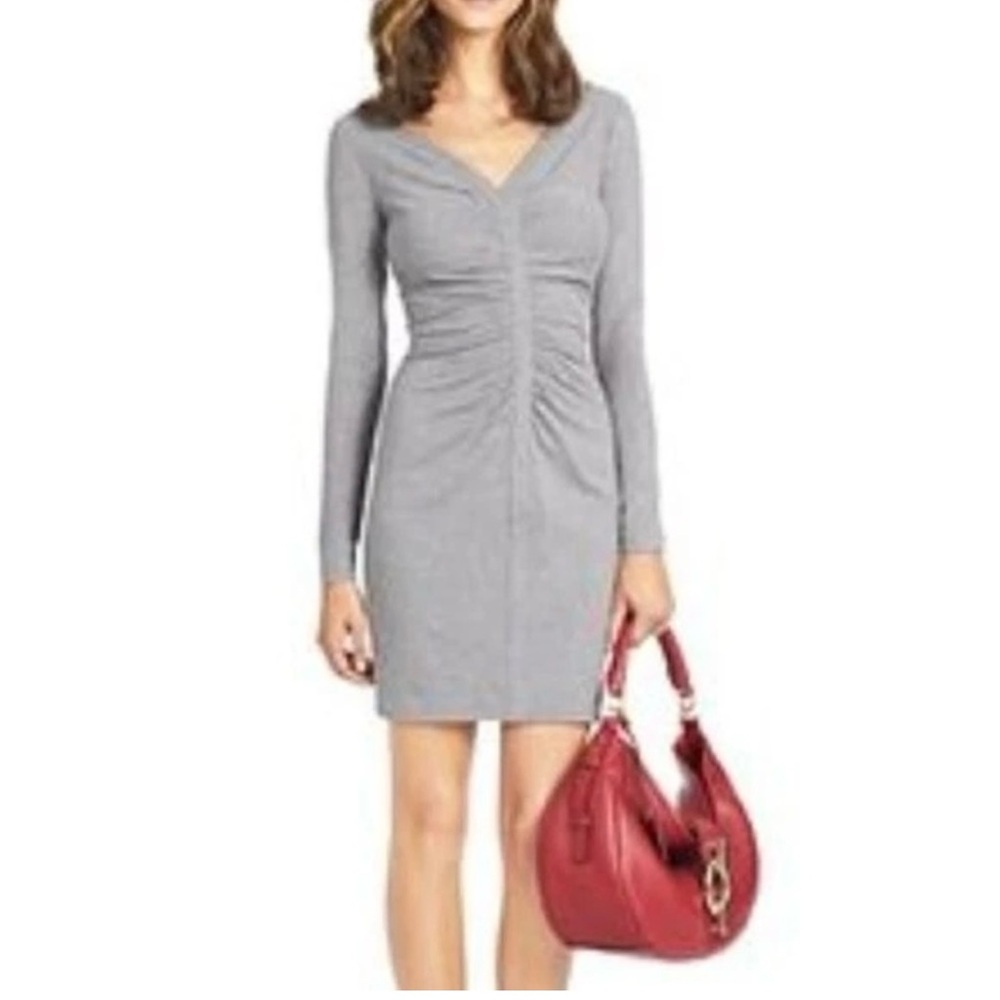 Diane Von Furstenberg Gray Ruched V‑Neck Long Sleeve Dress